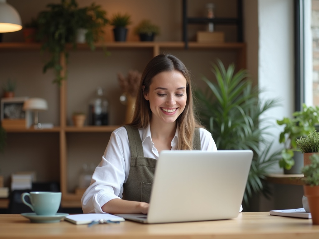 Une cheffe d'entreprise sourit en consultant sur son ordinateur portable les messages qui lui arrivent depuis son site web